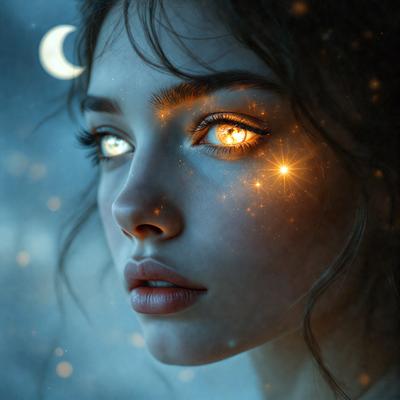 The primary subject of the image is a woman with glowing eyes, likely a digital art or illustration. She is standing in front of a blue background, which adds to the overall mood of the scene. The woman's eyes are the main focus, and they are illuminated by a bright light, giving the image a unique and captivating visual style.